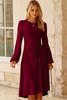 Burgundy Solid Color Ruched Detail Long Sleeve Midi Dress