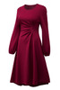 Burgundy Solid Color Ruched Detail Long Sleeve Midi Dress