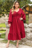 Fiery Red Lace-up Ruched Front Long Sleeve Ruffle Hem Plus Size Midi Dress Fiery Red Lace-up Ruched Front Long Sleeve Ruffle Hem Plus Size Midi Dress