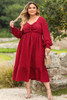 Fiery Red Lace-up Ruched Front Long Sleeve Ruffle Hem Plus Size Midi Dress Fiery Red Lace-up Ruched Front Long Sleeve Ruffle Hem Plus Size Midi Dress