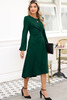 Blackish Green Solid Color Ruched Detail Long Sleeve Midi Dress