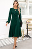 Blackish Green Solid Color Ruched Detail Long Sleeve Midi Dress