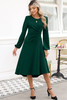 Blackish Green Solid Color Ruched Detail Long Sleeve Midi Dress