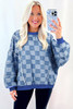 Sky Blue Checkerboard Splicing Raw Detail Oversized Denim Pullover