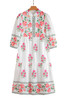 White Floral Print Half Button Mandarin Neck 3/4 Sleeve Maxi Dress