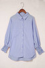 Blue Stripe Smocked Cuffed Striped Boyfriend Shirt with Pocket