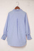Blue Stripe Smocked Cuffed Striped Boyfriend Shirt with Pocket