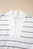 White Zip V Neck Casual Stripe Print Drop Shoulder Long Sleeve Top