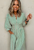 Green Stripe V Neck Zip Front Cinched High Waist Midi Dress