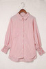 Red Stripe Smocked Cuffed Striped Boyfriend Shirt with Pocket