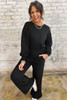 Black Textured Chest Pocket Long Sleeve Top 2Pcs Pants Set