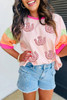 Pink Sequined Horseshoes Pattern Colorblock Half Sleeve Patchwork Tee