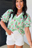 Green Floral Print Ricrac Trim Contrast V Neck Bubble Sleeve Summer Blouse Green Floral Print Ricrac Trim Contrast V Neck Bubble Sleeve Summer Blouse