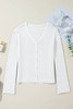 White Lightweight Ribbed Knit Button Front V Neck Cardigan