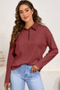 Red Dahlia Solid Color Long Sleeve Thermal Knit Polo Collar Patchwork Top