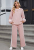 Pink Varsity Stripe Patchwork Puff Sleeve Pullover Drawstring Wide Leg Pant Set Pink Varsity Stripe Patchwork Puff Sleeve Pullover Drawstring Wide Leg Pant Set
