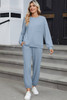 Dusk Blue Solid Color Ribbed Loose Long Sleeve Top Casual Pant Set Dusk Blue Solid Color Ribbed Loose Long Sleeve Top Casual Pant Set
