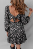 Black Floral Long Sleeve Frilly Shirred Square Neck Mini Dress