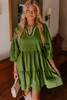 Jungle Green Contrast Stitched V Neck 3/4 Sleeve Tiered Mini Dress