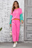 Rose Red 2pcs Color Block Pullover Loose Pant Set