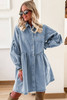 Beau Blue Smocked Cuffs Flared Denim Shirt Mini Dress