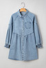 Beau Blue Smocked Cuffs Flared Denim Shirt Mini Dress