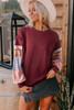 Red Sandalwood Plaid Colorblock Patchwork Sleeve Raw Seam Sweatshirt