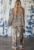 Khaki Leopard Print Colorblock Striped Edge Shirt and Pants Pajama Set