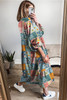 Sky Blue Mix Floral Checkered Pattern Bubble Sleeve Ruffle Hem Dress