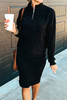Black Ribbed Zip Stand Neck Drop Shoulder Pullover Bodycon Skirt 2pcs Set