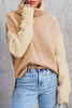 Pale Chestnut Color Block Turtle Neck Drop Shoulder Knit Sweater