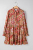 Brown Vintage Floral Print Shirt Style Half Button Long Sleeve Ruffle Mini Dress
