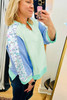 Green Color Block Floral Patchwork Long Sleeve Notched Neck Plus Size Top