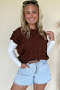 Dark Brown Cable Texture Crew Neck Short Sleeve Sweater Top Dark Brown Cable Texture Crew Neck Short Sleeve Sweater Top
