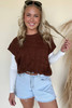 Dark Brown Cable Texture Crew Neck Short Sleeve Sweater Top Dark Brown Cable Texture Crew Neck Short Sleeve Sweater Top