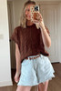 Dark Brown Cable Texture Crew Neck Short Sleeve Sweater Top Dark Brown Cable Texture Crew Neck Short Sleeve Sweater Top