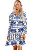 Blue Ethnic Print Striped Split Neck Long Sleeve Flowy Mini Dress Blue Ethnic Print Striped Split Neck Long Sleeve Flowy Mini Dress