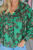 Green Leaves Print Contrast Trim V Neck Shirred Puff Sleeve Blouse