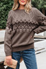 Light French Beige Western Geometric Patterned Crew Neck Knitted Sweater