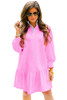 Pink Contrast Striped Collar Patchwork Puff Sleeve Ruffle Hem Mini Dress Pink Contrast Striped Collar Patchwork Puff Sleeve Ruffle Hem Mini Dress