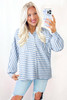 Sky Blue Stripe Half Button Collared Chest Pockets Loose Fit Blouse