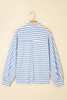 Sky Blue Stripe Half Button Collared Chest Pockets Loose Fit Blouse