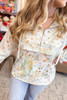 Yellow Floral Print Half Zip Hooded Long Sleeve Top