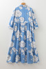 Sky Blue Floral Print Shirt Collar Button Down 3/4 Sleeve Ruffle Hem Long Dress