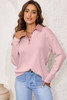 Light Pink Solid Color Long Sleeve Thermal Knit Polo Collar Patchwork Top