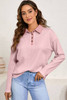 Light Pink Solid Color Long Sleeve Thermal Knit Polo Collar Patchwork Top