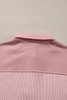 Light Pink Solid Color Long Sleeve Thermal Knit Polo Collar Patchwork Top