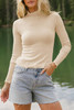 Parchment Ribbed Knit Lettuce Trim High Neck Long Sleeve Top
