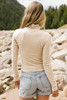 Parchment Ribbed Knit Lettuce Trim High Neck Long Sleeve Top