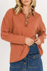 Gold Flame Solid Color Long Sleeve Thermal Knit Polo Collar Patchwork Top